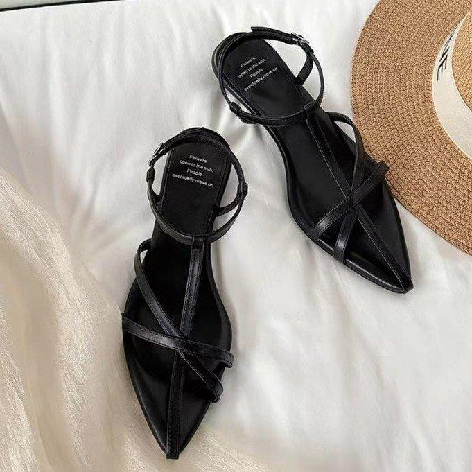 Soft leather version~ Vintage cross strap Roman sandals women's 2025 summer wear French small wedge heel pointed sandals