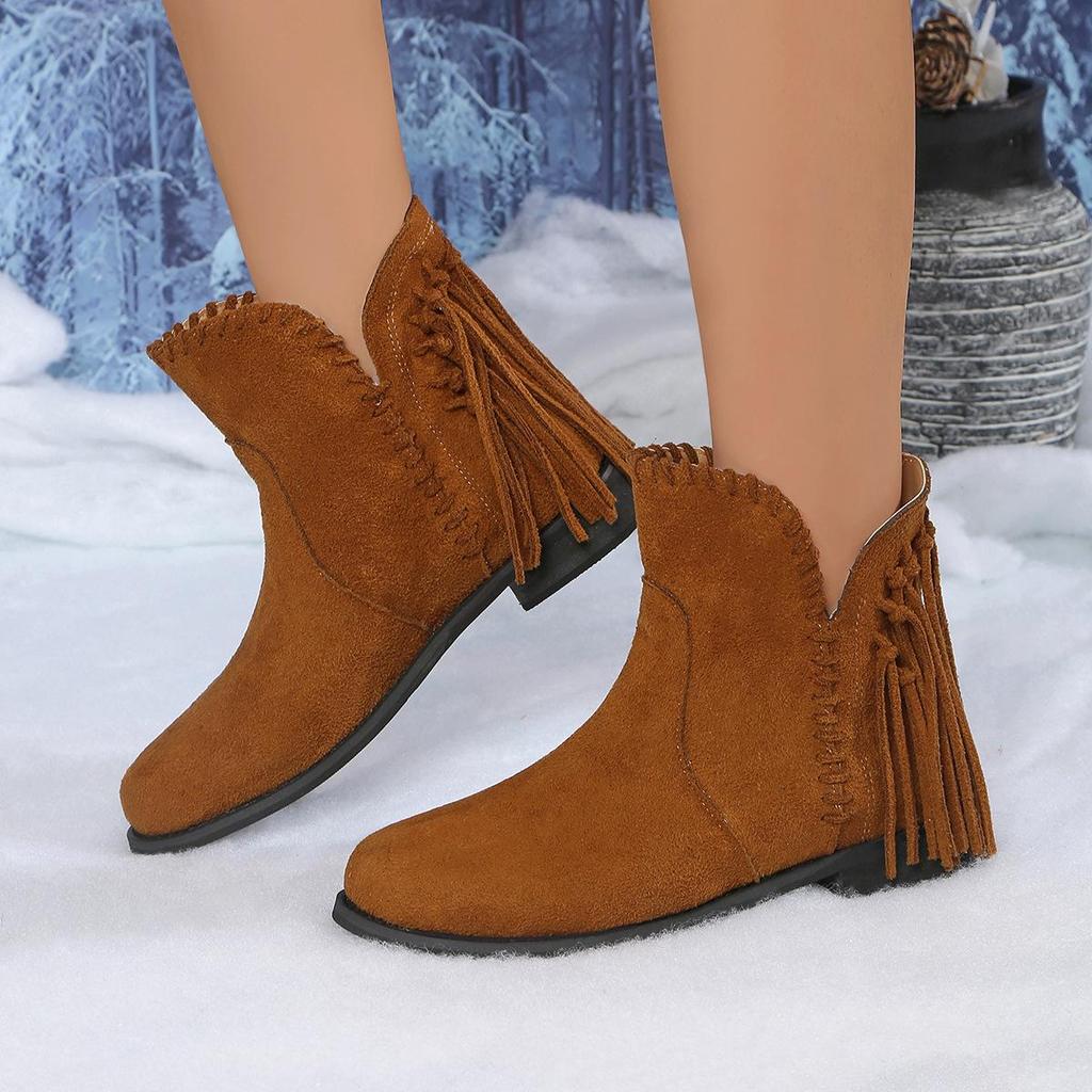 Europäische Damen Wildleder Quaste Chelsea Stiefeletten - Herbst/Winter Runde Spitze Zum Hineinschlüpfen Niedriger Absatz