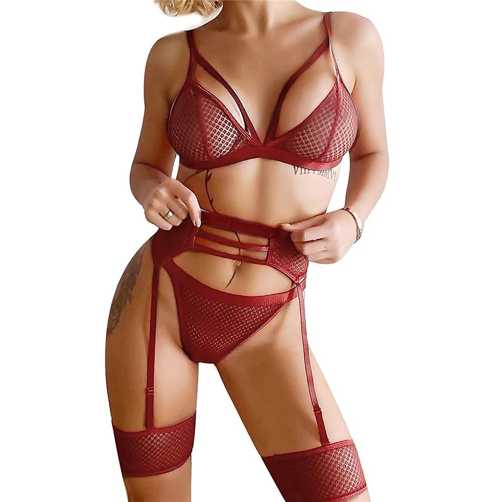 Sexy Lingerie For Women Sheer Fish Net Bra Panties Sets Underwear With Suspenders Leg Ring Thigh-Highs Garter Belt For Stockings