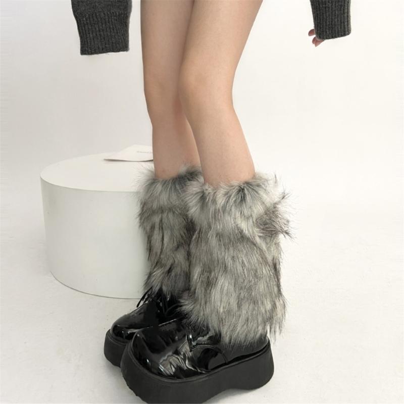 Women Harajuku Fuzzy Plush Leg Warmers Japanese JK Winter Warm Thickened Furry Boots Cover Vintage Leg Sleeve Long Socks