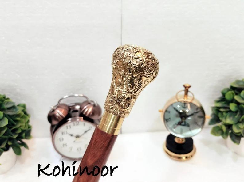 Walking Cane: Brass Flower Handle, Foldable Wooden Stick