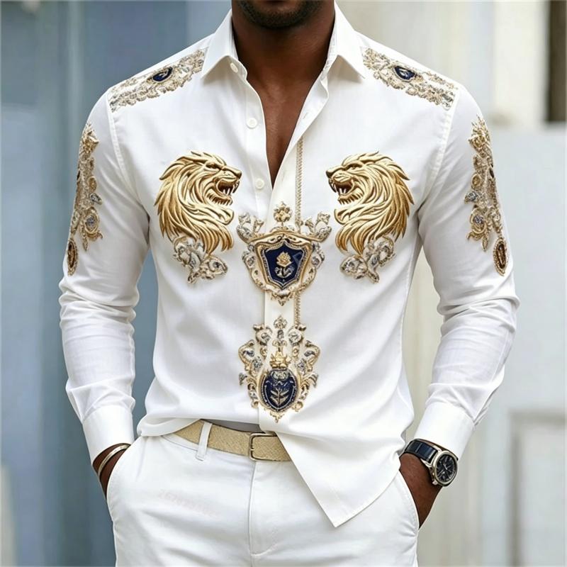 Camicia da uomo stile Barocco testa di leone design slim fit manica lunga camicia Business casual stile street abbigliamento uomo XS-6XL