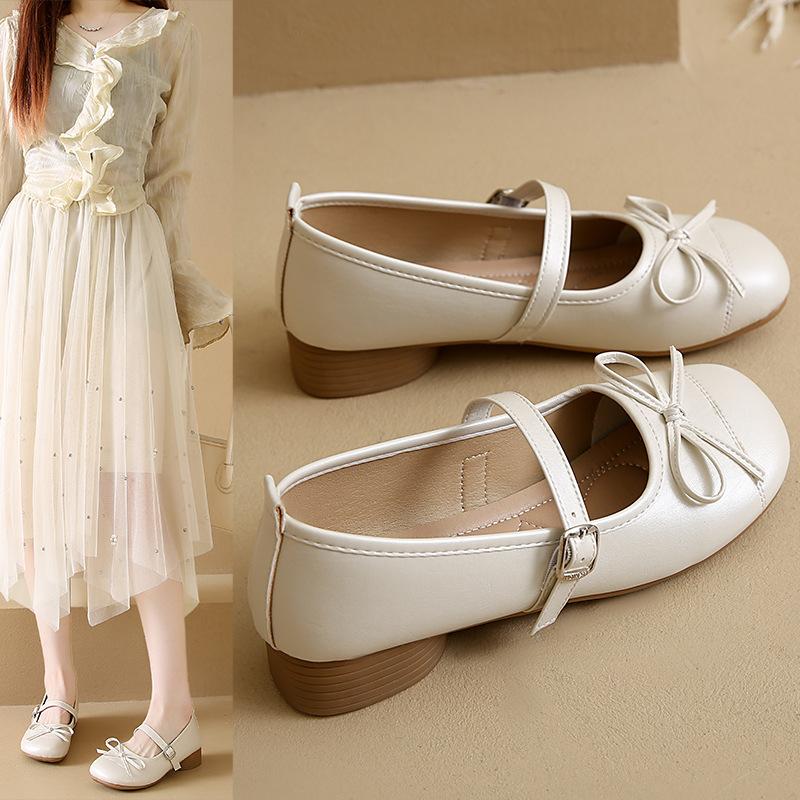 2025 new gentle and sweet style low-heeled Mary Jane shoes French bow one-word buckle band ballet single shoes women
