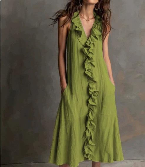 Spot women's clothing spring and summer new solid color sleeveless cotton and linen V-neck large pendulum ruffle edge dress