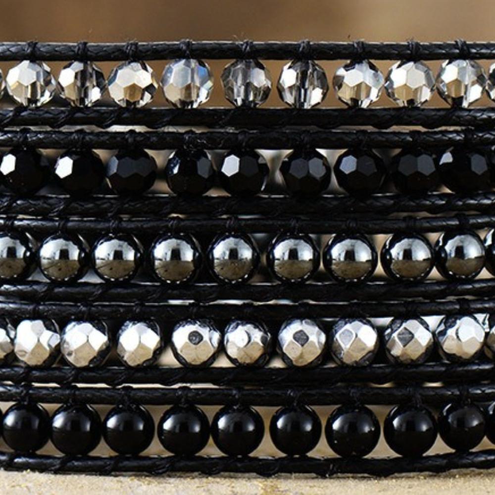 Bourbonmi Stone and Crystal Handmade Beaded Bracelet, European and American Retro Style, 5-strand Wrapped Woven Bangle, Friendship Jewelry.