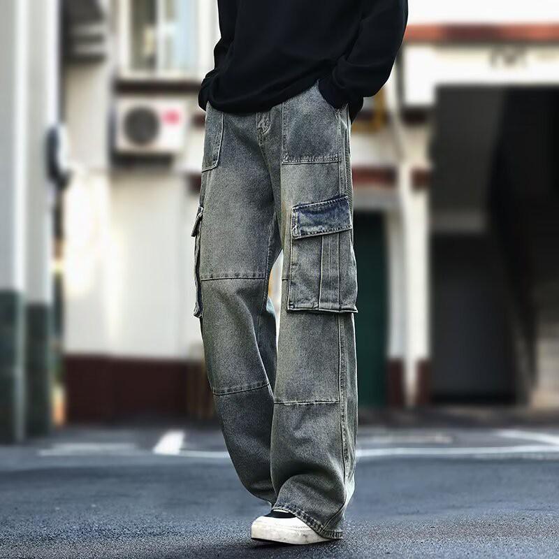 Mens Oversized Loose Fit Hiphop Denim Pants With 3D Pockets Washed Straight Leg Cotton Trousers Streetwear