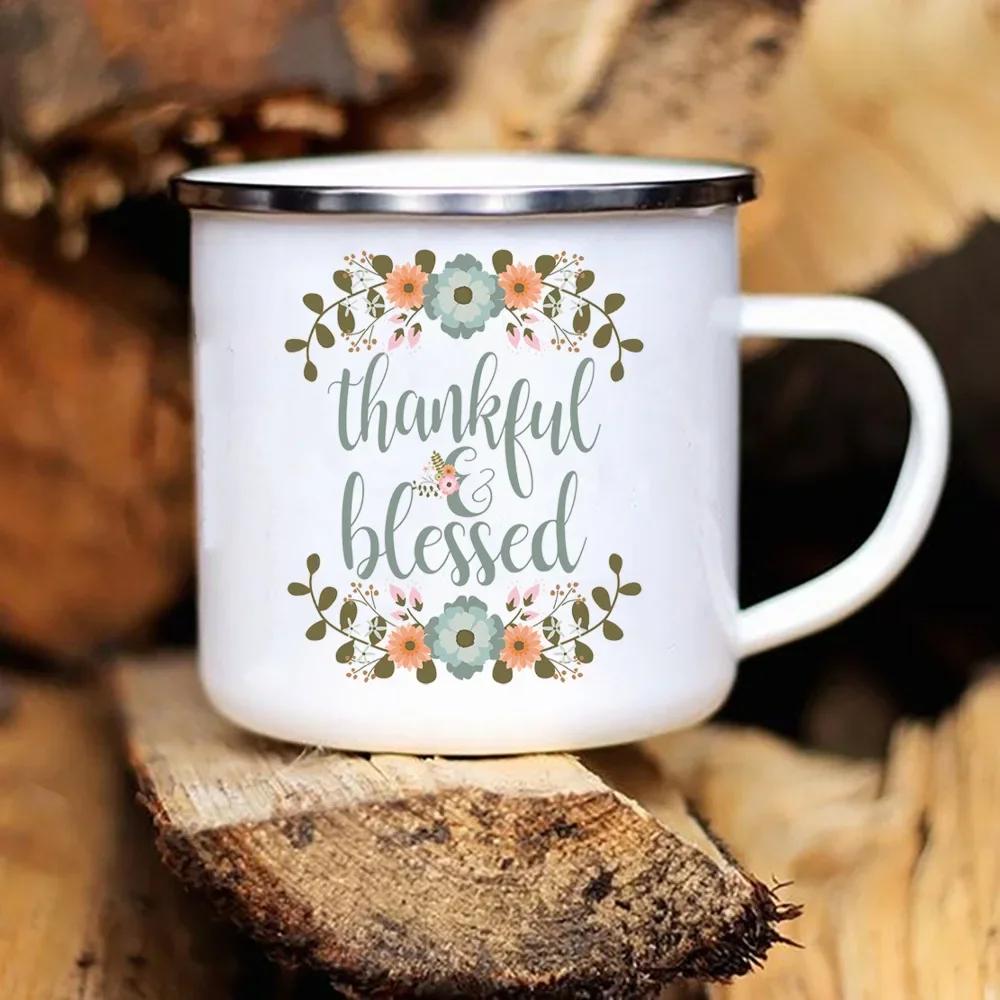 Grateful Thankful Blessed Print Creative Enamel Mugs Coffee Cup Thanksgiving Party Wine Juice Mug Dessert Milk Handle Cup Gifts