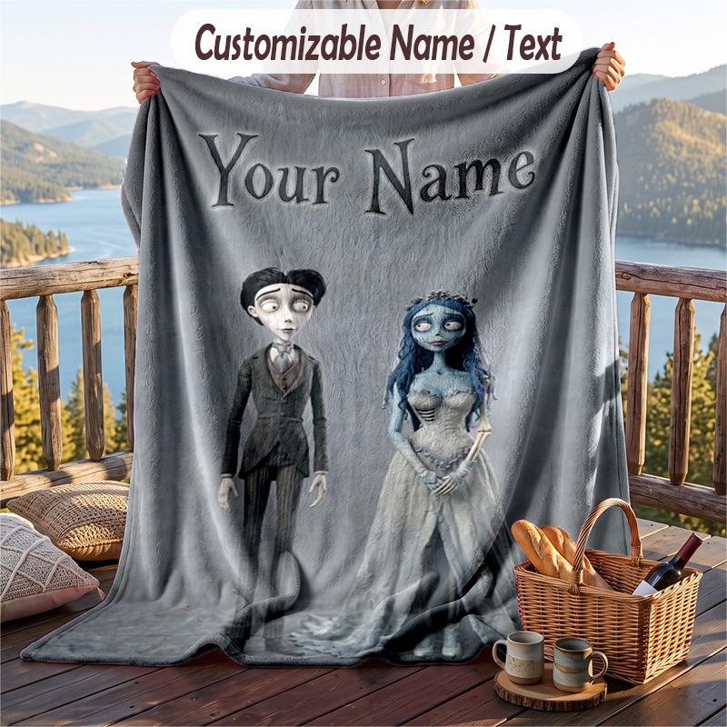 Custom Text Flannel Throw Blanket, Lightweight Cozy Bed Sofa BlanketCorpse Bride Emily Victor