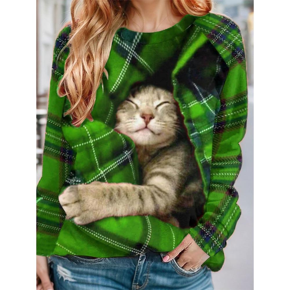 Large-sized Women's Pullover Christmas Sweatshirt Plaid Cat Casual Sportswear Festival Round Neck Long Sleeve Top Micro-elastic Fall & Winte