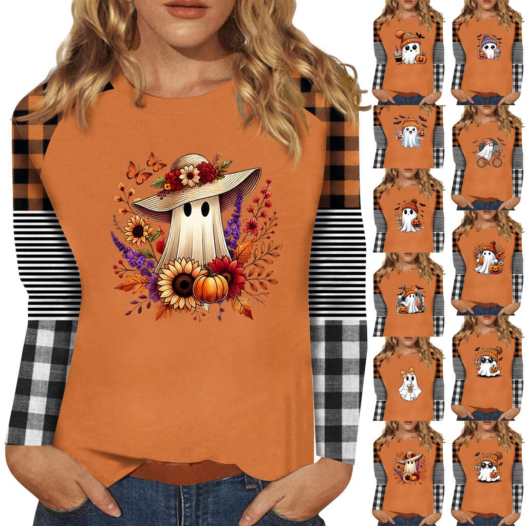 Women's Halloween Print Long Sleeve Round Neck Tunic Top Casual Blouse for Fall Parties