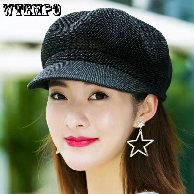 Women's Knitted Newsboy Cap Breathable Mesh Summer Beret Hat, Lightweight Hollow Out Peaked Cap for Casual Wear