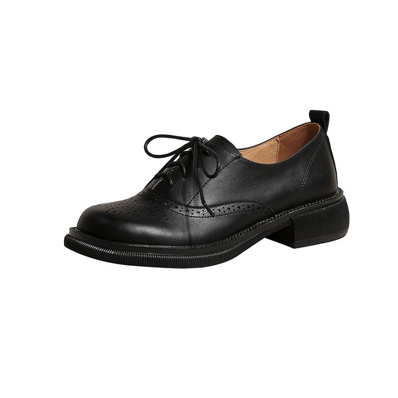 Fashion Women's New Sculptured Comfortable Inner and Outer Leather Thick Sole Round Head Lace up Mid Heel Large Block Oxford Shoes