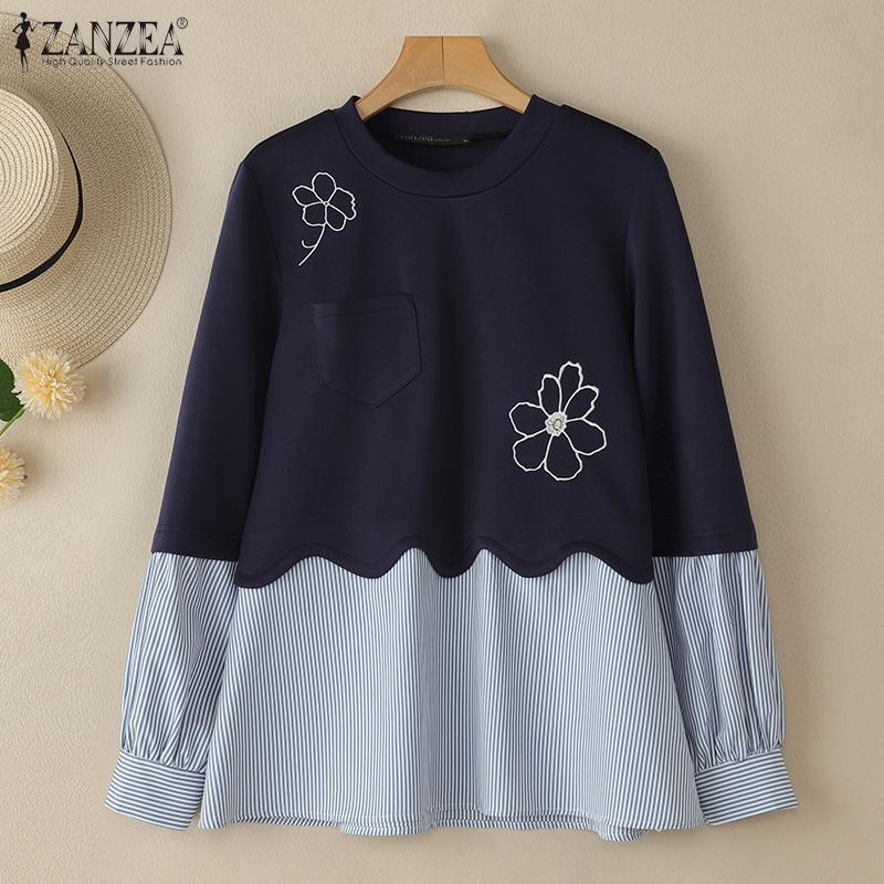 ZANZEA Women Casual Long Sleeve Stripe Patchwork Pullover Sweatshirt