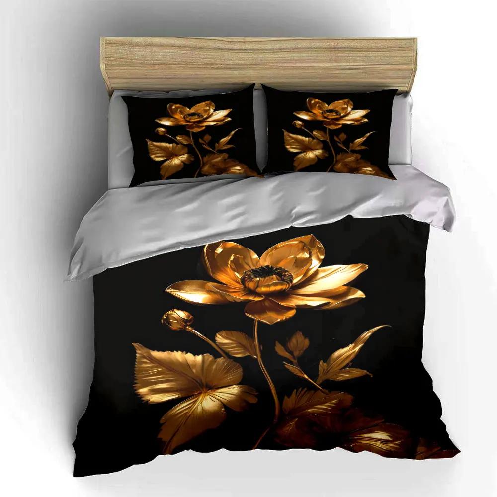 Goldenes Florales Kunstwerk Dekoratives Set Weiche Bequeme Bettbezug Bettwäsche-Set Enthalten 1*Bettbezug & 2*Kissenbezüge Geschenk