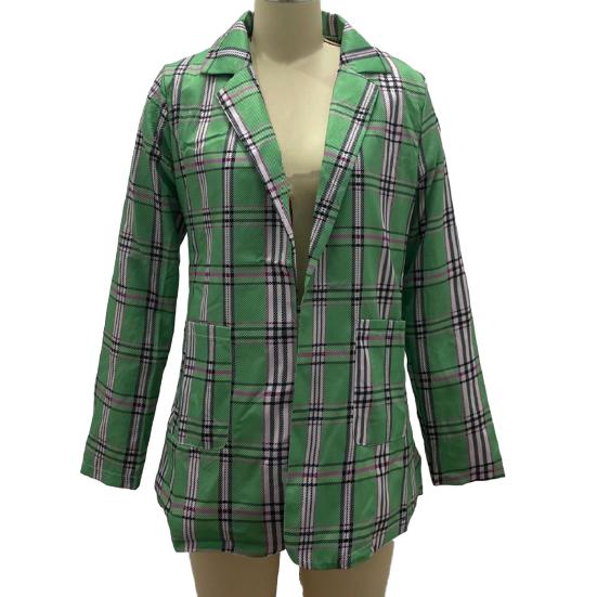 Women Suit Coat Lapel Long Sleeve Open Front Suit Jacket with Pockets Plaid Print