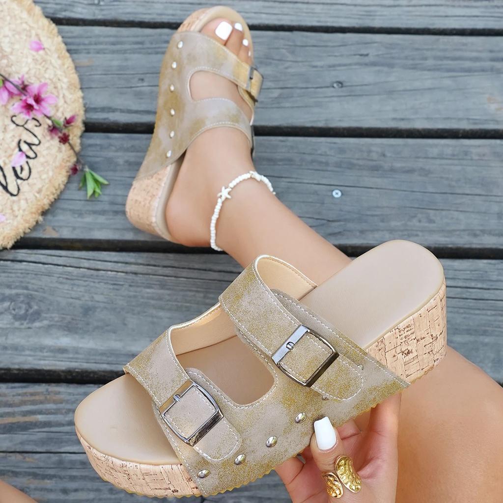 Women Slippers 2025 New Slippers Thick Sole Double Buckle Beach Women Shoes Summer Wedge Platform Sandals Slides Women