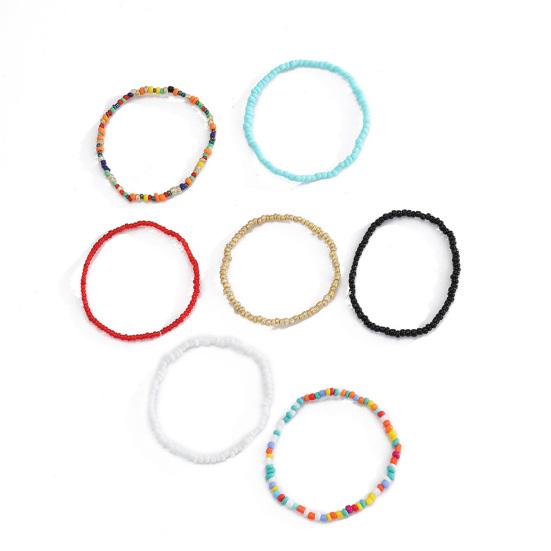 7Pcs Women Bracelets Beaded Colorful Jewelry Elastic Contrast Color Beads Anklets Bracelets for Beach