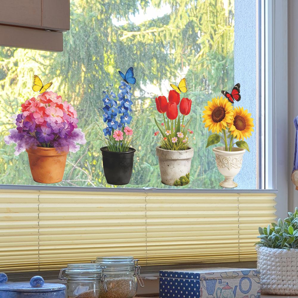 Creative Painted Potted Flower and Butterfly Home Balcony Glass Stickers