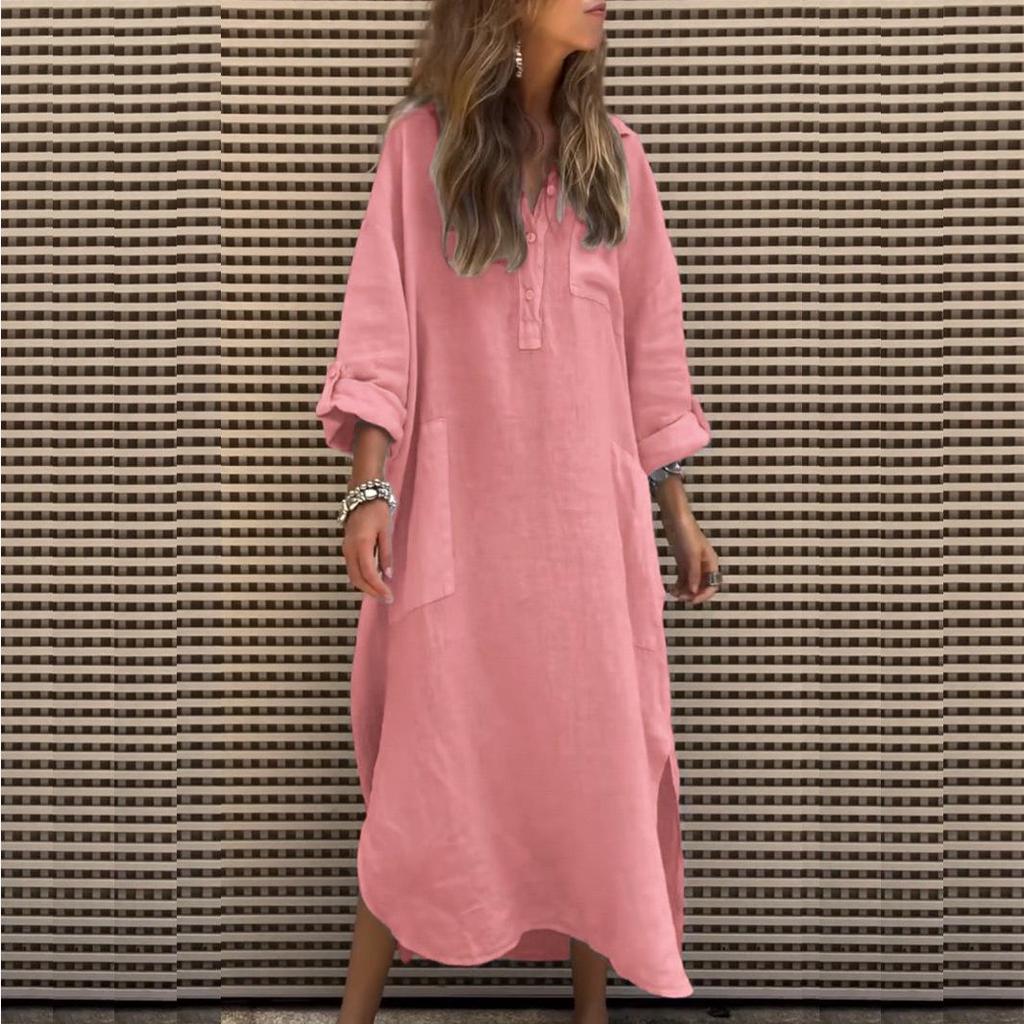 Elegant Solid Color Irregular Long Dress with Buttons and Pockets for Spring/Summer 2024
