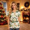 Women's V-Neck Short Sleeve Scrub Top with Pockets Christmas Print Caregiver Uniform Work Shirt