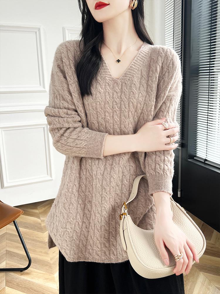 Women's Mid-Length Cable Knit Wool Sweater - Soft, Loose, V-Neck, Perfect for Autumn and Winter, Wear as Outer or Base Layer.