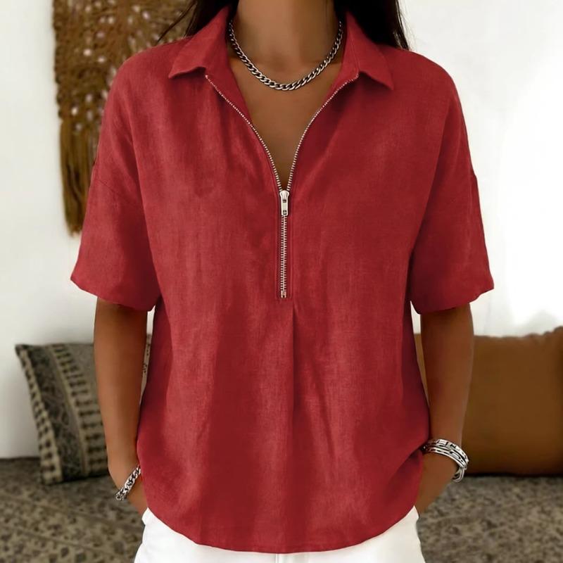 Women's Linen-Look Short Sleeve Blouse Casual Half-Zip Collared Top