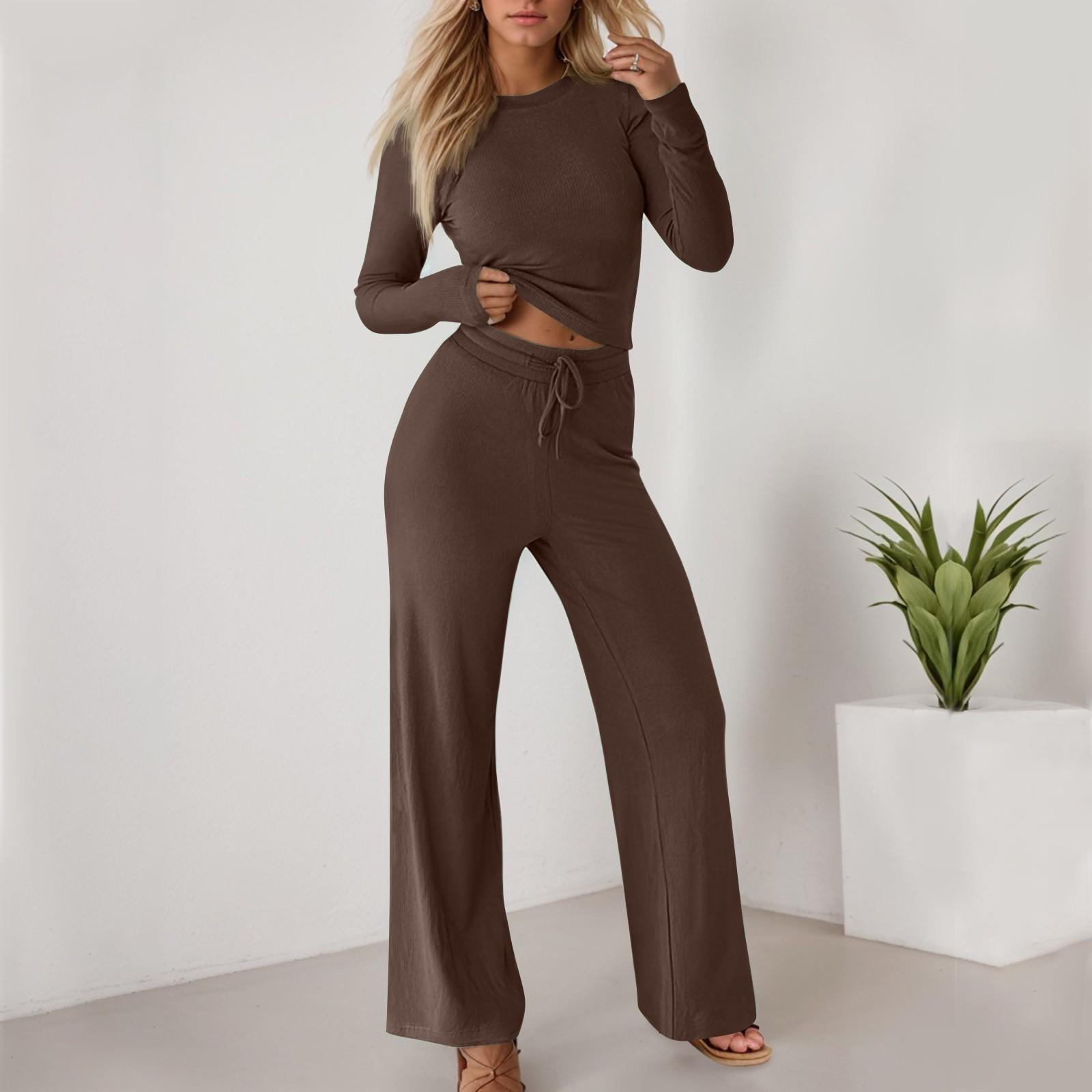 

Женская спортивная одежда, повседневный короткий топ, длинные брюки, однотонный комплект из двух предметов, комплект с длинными рукавами L коричневый