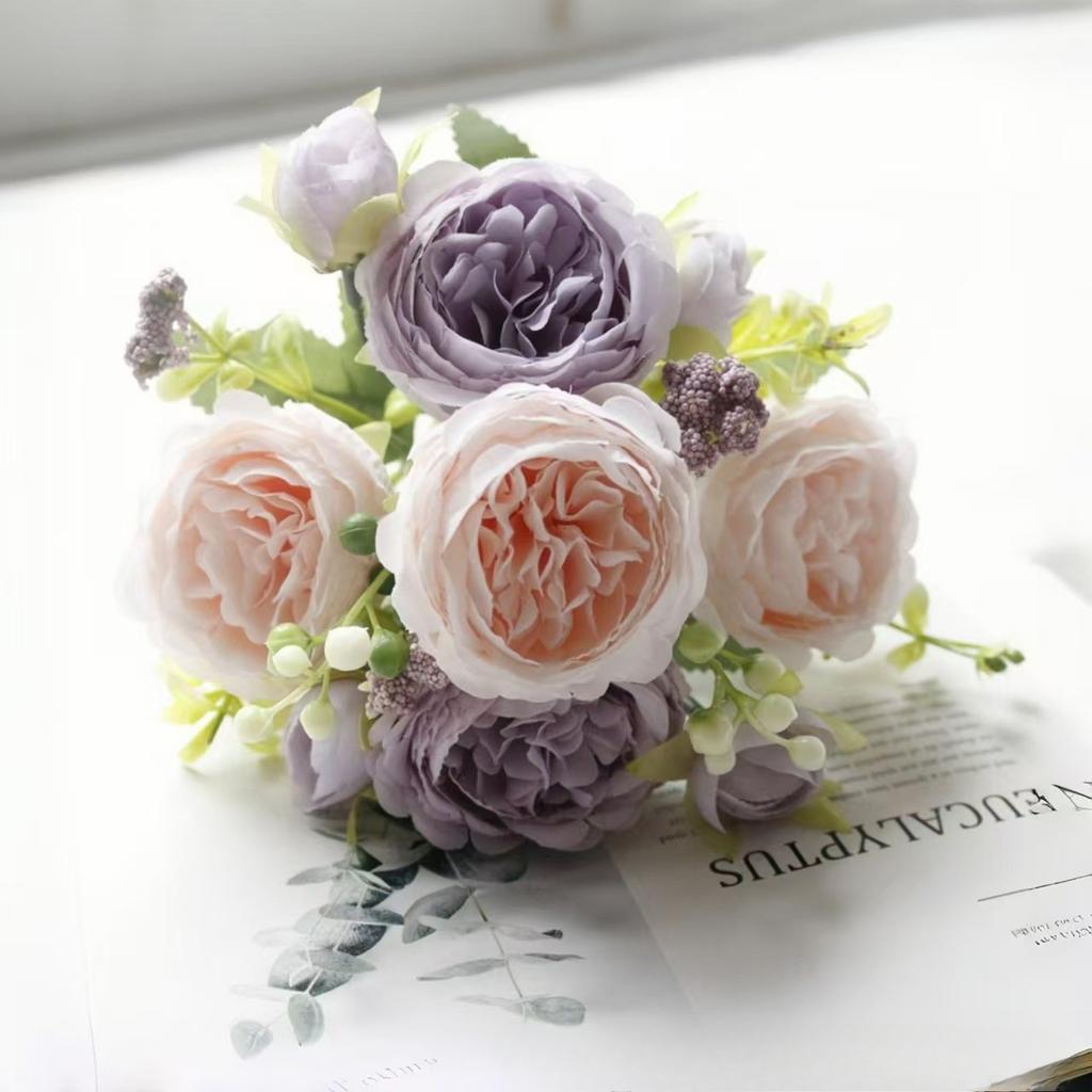 Rose Pink Bouquet Peony Artificial Flowers for Bride Wedding Home Decoration Faxu Flowers