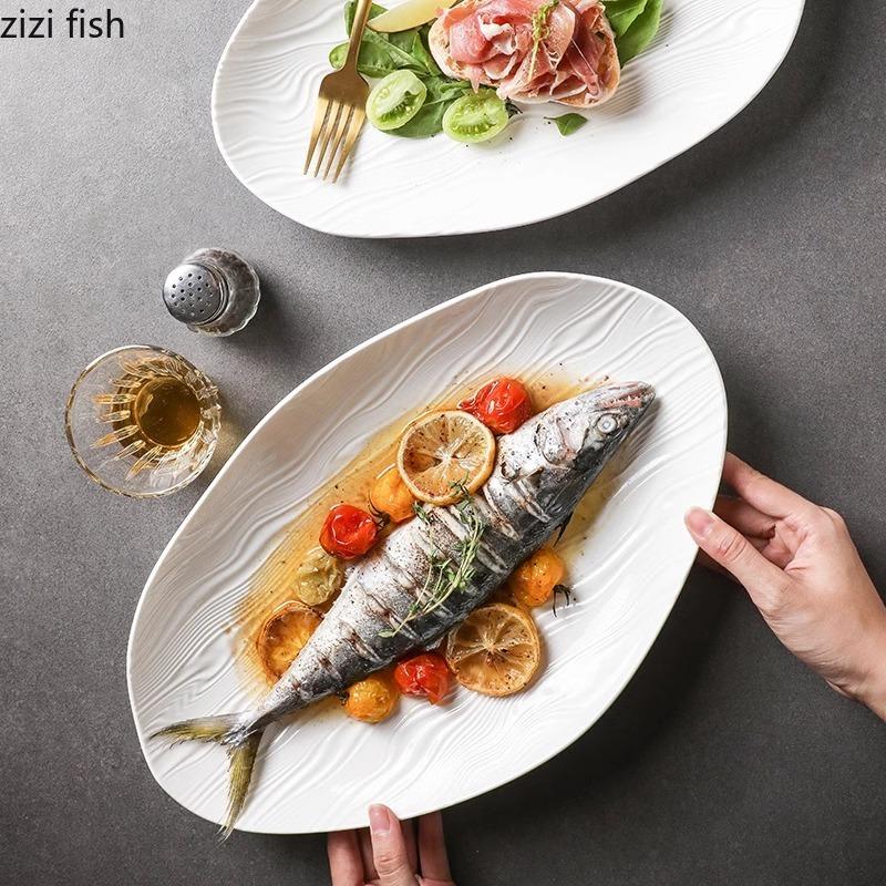 Ren Vit Vattenvåg Keramisk Fiskfat Oregelbunden Oval Tallrik Sushi Tallrik Ångade Fiskfat Hotell Kreativ Stort Porslin