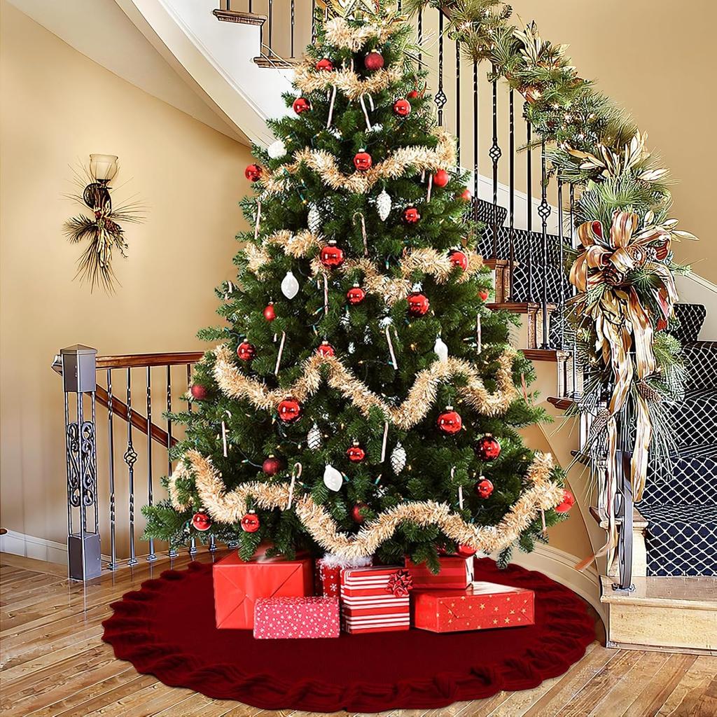 KHOYIME Red Knitted Christmas Tree Skirt 36 Inches, Rustic Vintage Large Xmas Tree Rug Skirt Chunky Thick Knit Boho Under Tree Skirt, Farmhouse