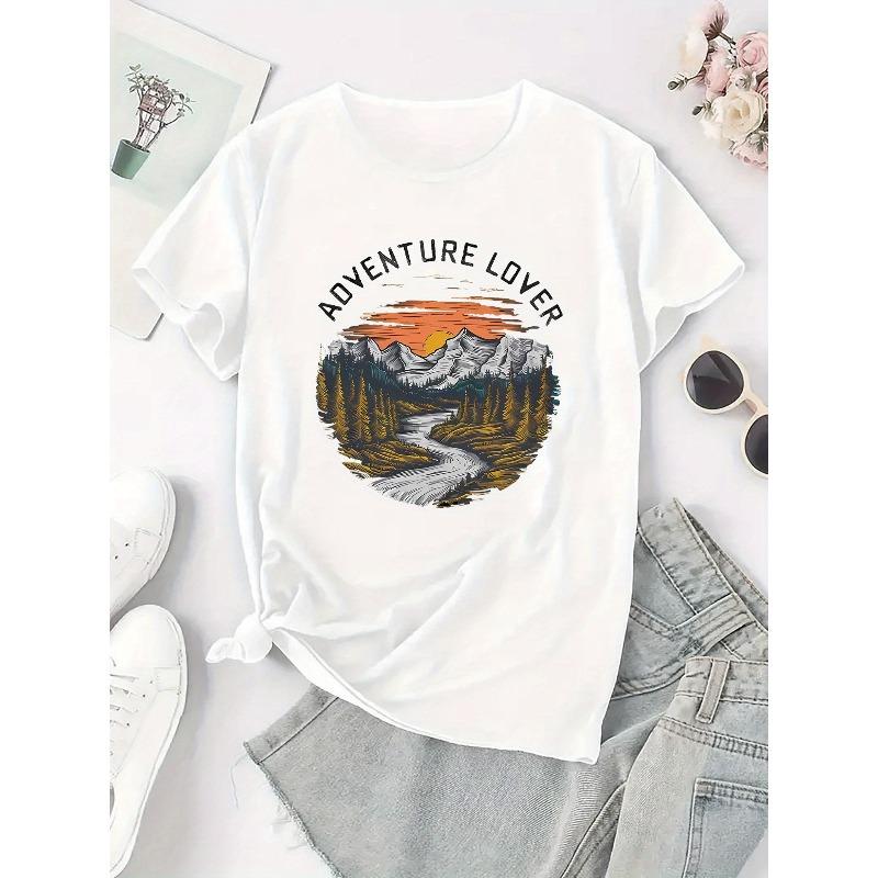 European sizes Women's Short-Sleeve T-Shirt with Mountain Terrain Print - Casual Round Neck Summer Top Suitable for, Travel & Casual Attire
