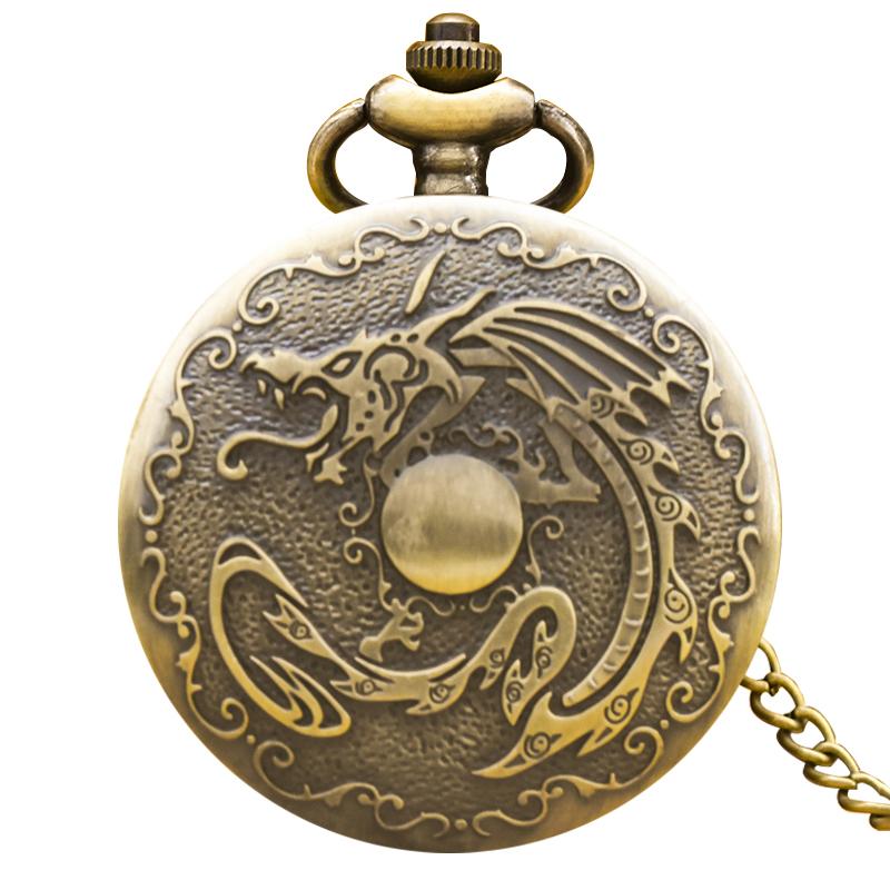 

Vintage Bronze Steampunk Dragon And Dragon Beads Carved Quartz Pocket Watch Necklace Pendant Clock Chain Men Women Chain Gift бронзовий