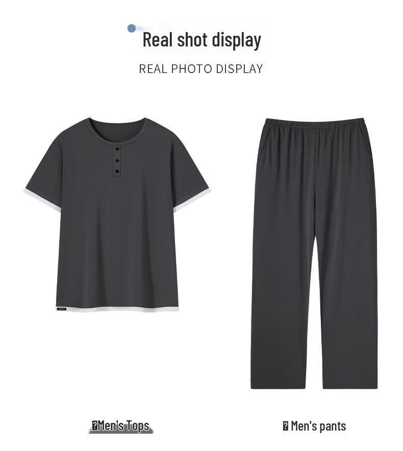 Men's Lightweight Modal Pajama Set: Short Sleeve, Long Pants, Casual Round Neck, Indoors & Outdoors.