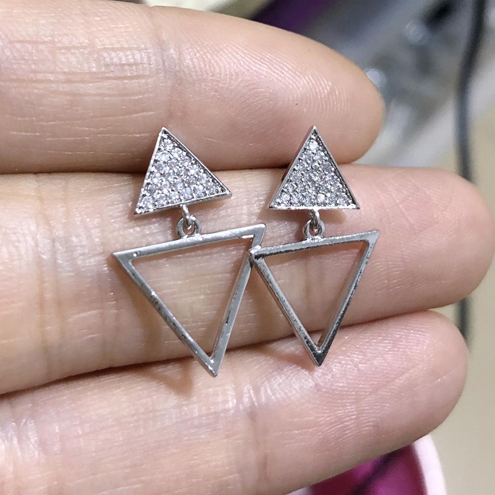 European Copper Earrings: White Gold-Plated Double Triangle with Zirconia