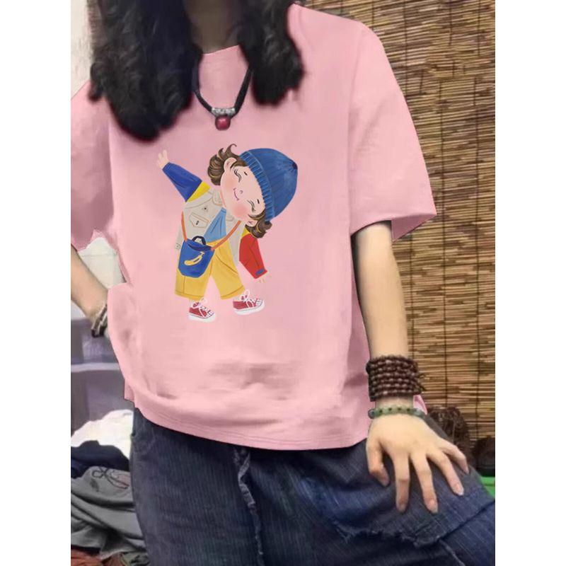 Plus-Size Women's Navy Blue Pure Cotton Short-Sleeve T-Shirt, Summer 2026 New Japanese-Style Cartoon Slimming and Figure-Flattering Top
