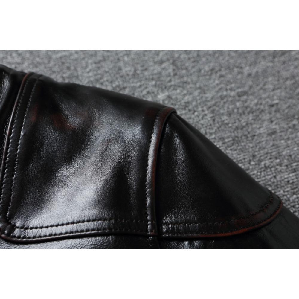 Chinese Size Style RL Top Layer Oil Waxed Cowhide Real Leather Jacket Men Stand Collar Brown Motorcycle Coat Men's Biker Jacket Spring Autumn