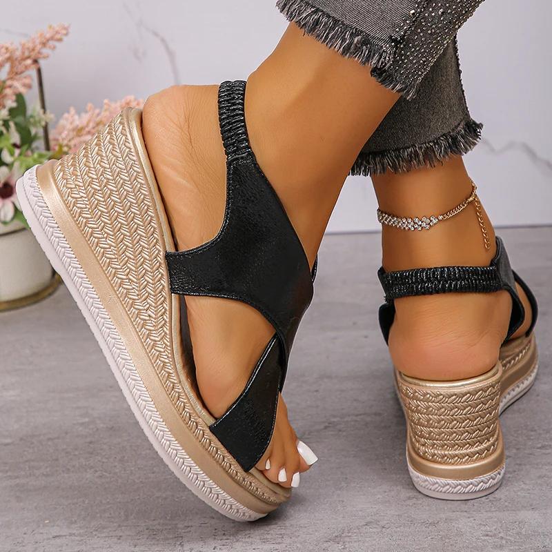 Fashion Gold Cross Strap Wedge Heels Sandals Women Summer 2025 Chunky Platform Light Weight Sandles Woman Plus Size Rome Sandalias Mujer