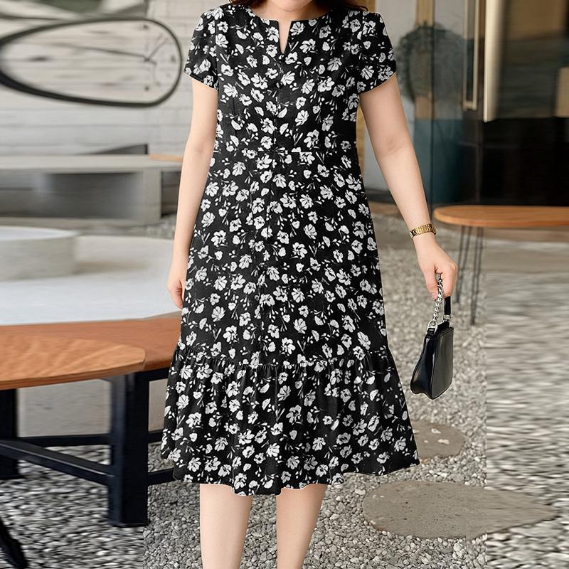 ZANZEA Womens Round Neck Short Sleeve Floral Print Casual Dress M чёрный