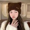 Women's Japanese Style Cute Cat Ears Knitted Beanie - Thick, Warm, Rolled Edge for Autumn and Winter
