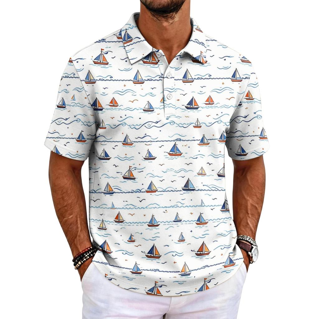 Men's Polo Shirt Short Sleeve Relaxed Fit Casual Top with Hawaiian Style Print and Lightweight Fabric for Daily Wear