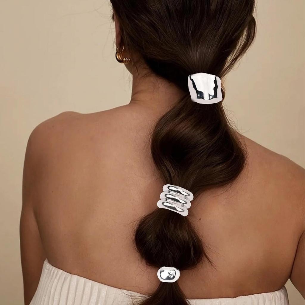 6PCS Metal Hair Ties for Women, Silve Hair Cuffs Ponytail Cuff for Thick Hair Geometric Elastic Hair Accessories