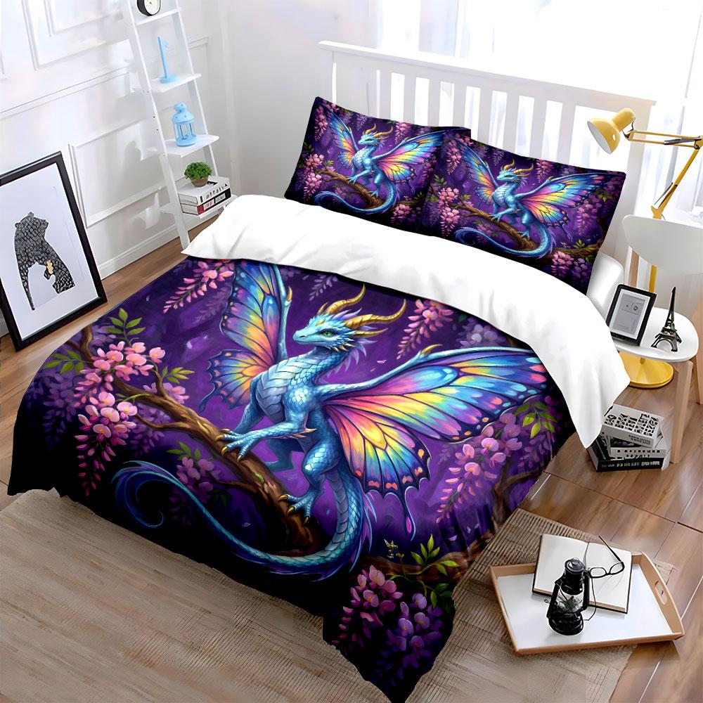 Fantasy Dragon with Colorful Wings Print Soft Comfortable Duvet Cover Bedding Set Included 1*Duvet Cover 2*Pillowcases