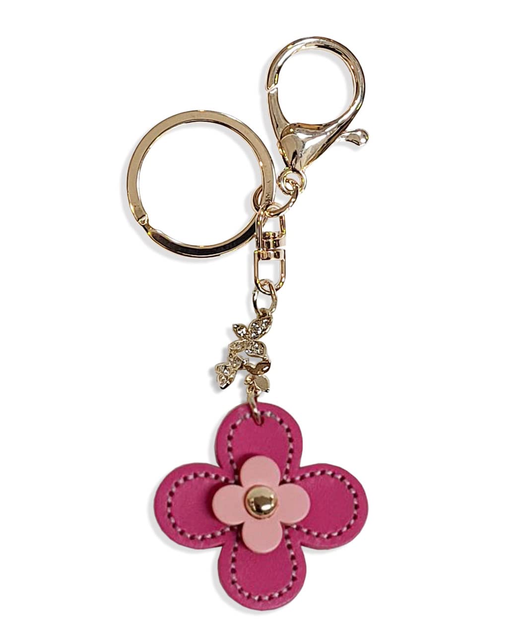 

[byDream] Clover Flower Charm Keychain, Genuine Leather with Sparkling Rhinestone Butterfly, Cute Key Ring Bag Charm (Dark Pink)