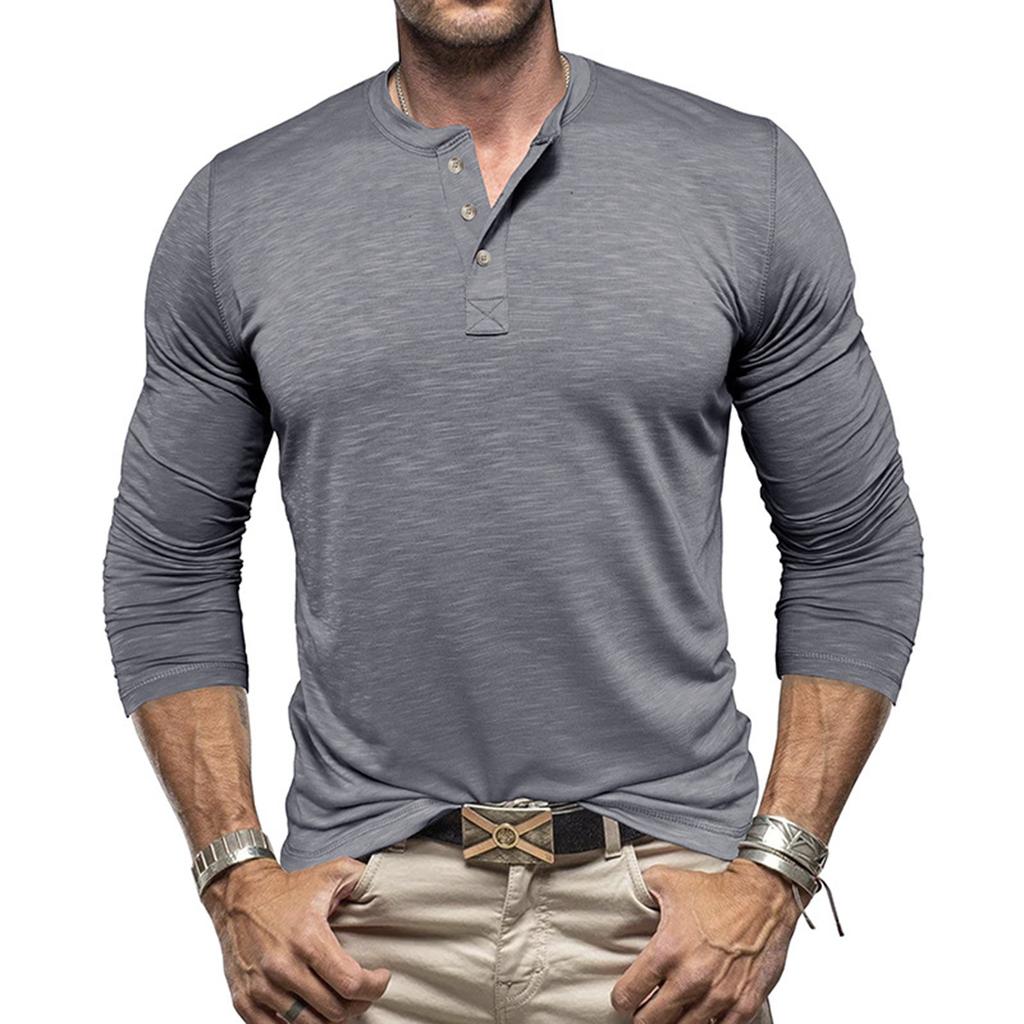 Men's Solid Color Casual Sports Round Neck Button Trendy Slim Fit Long Sleeve Top