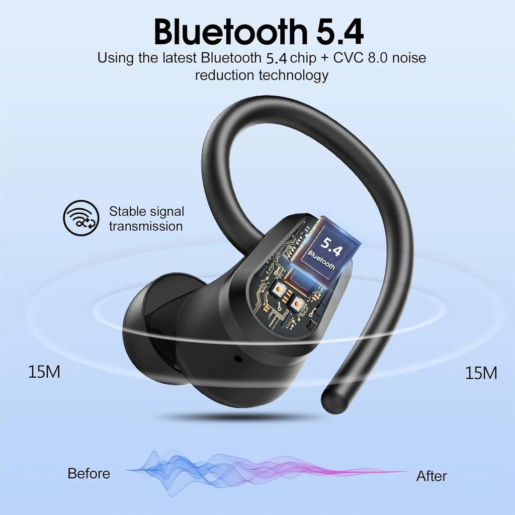 Bluetooth 5.4 Ear Hook Headphones TWS Wireless Earphones HiFi Stereo Waterproof Headsets LED Display Long Standby Touch Earbuds