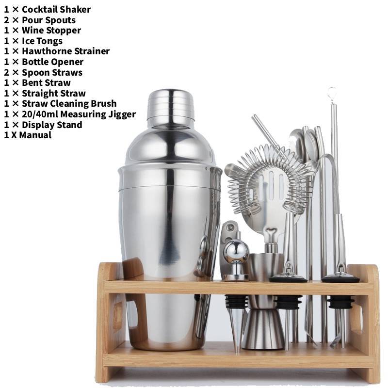 Stainless Steel Cocktail Shaker Set With Storage Wooden Rack For Home Bar Enthusiasts
