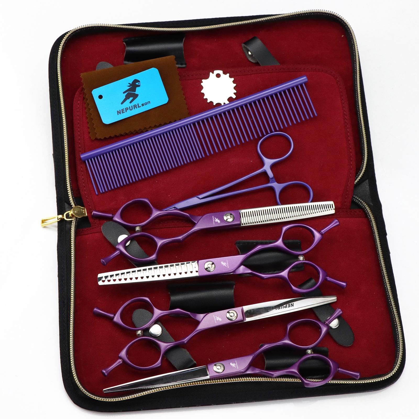 6.5-inch Purple Pet Grooming Scissors Set: Double Bent Handle, Straight, Curved, Fishbone Teeth Scissors & Grooming Comb.