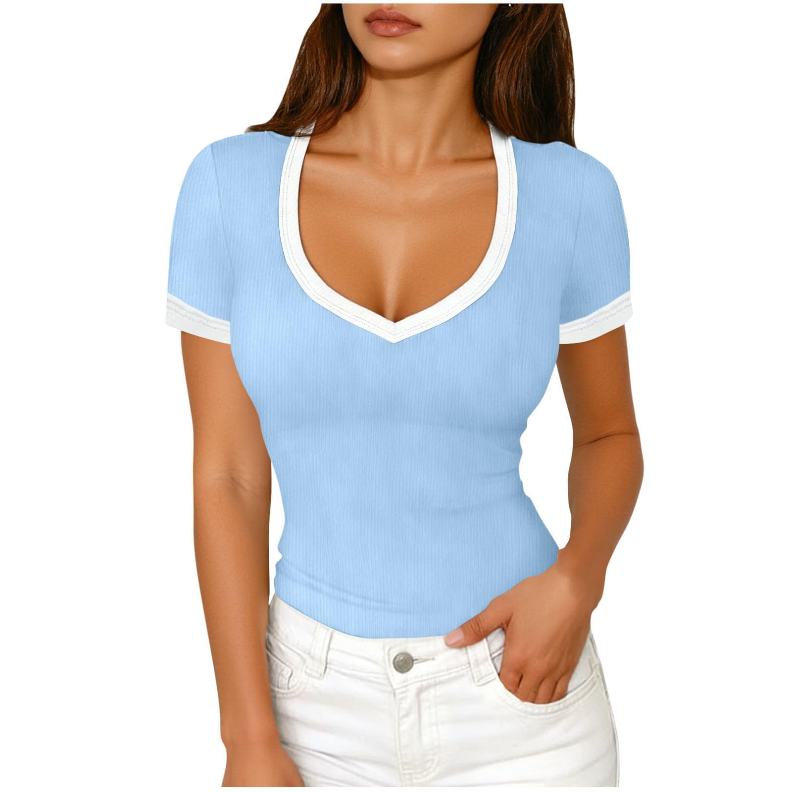 

Women s Fashionable Ribbed -Color Versatile Short-Sleeve Top S