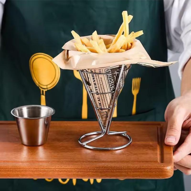 French Fries Stand with Sauce Set Rust Proof Metal Chip Cup Holder Fried Chicken Display Rack Basket Party Kitchen Supply