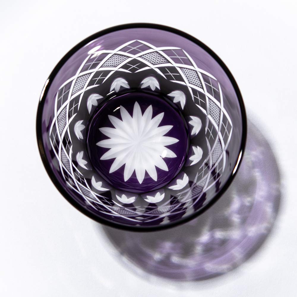 [Taimuro Workshop Official] Edo Kiriko Yarai Nanako Pattern Open-Top Old Fashioned Glass (Purple) TB90425M, in Wooden Box, Made in Japan